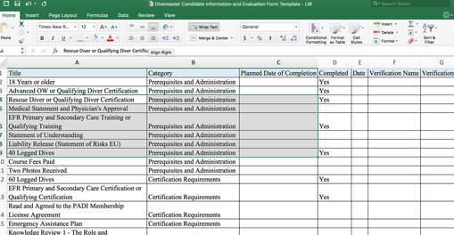divemaster Candidate information and evaluation form excel